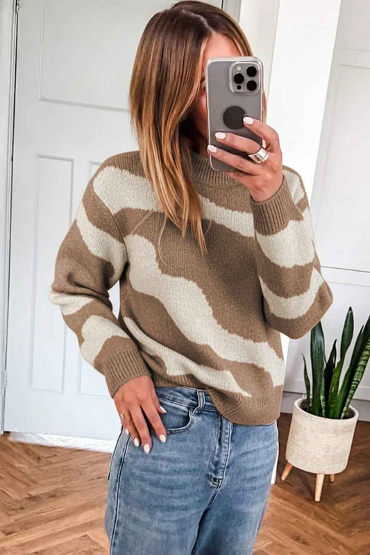 Dark Khaki Abstract Print Ribbed Trim Mock Neck Chic Sweater 4c3572a44cc77233