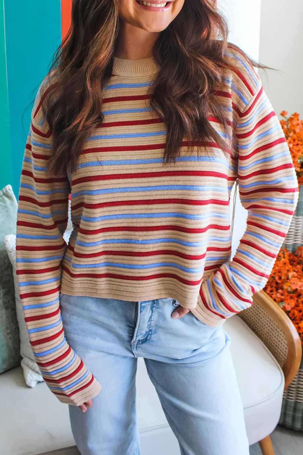 Khaki Stripe Drop Shoulder Cropped Long Sleeve Fall Sweater Khaki Stripe 100%Cotton 4c41134d3304bb5f