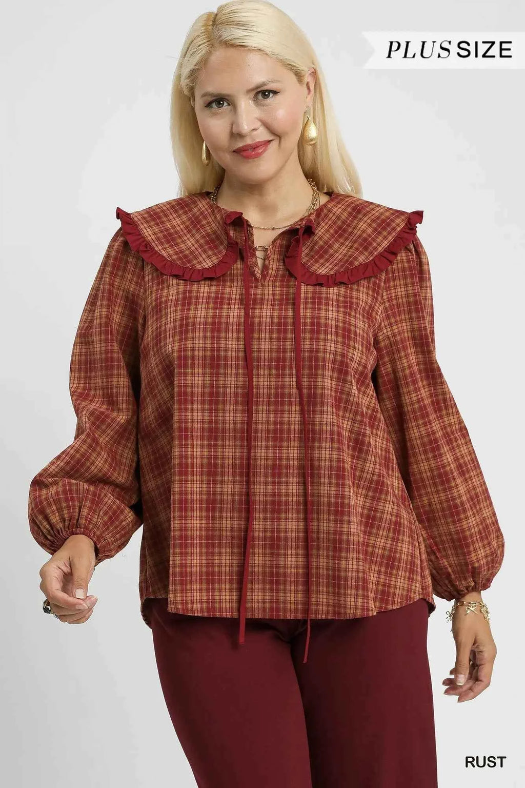 Umgee Full Size Plaid Ruffle Collar Blouse Plus Size 4c453323-e1e4-4bfe-b07f-261fe32cd794-Max-Origin