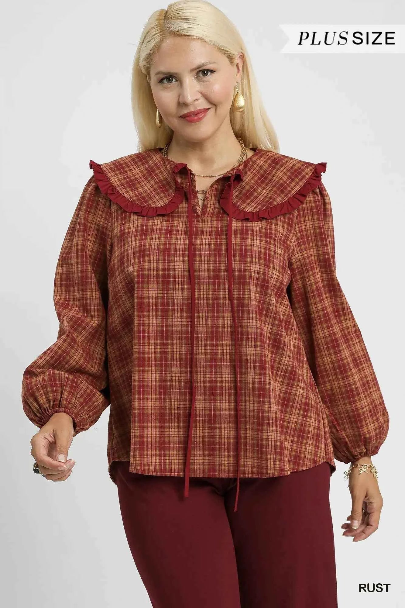 Umgee Full Size Plaid Ruffle Collar Blouse Plus Size 4c453323-e1e4-4bfe-b07f-261fe32cd794-Max-Origin