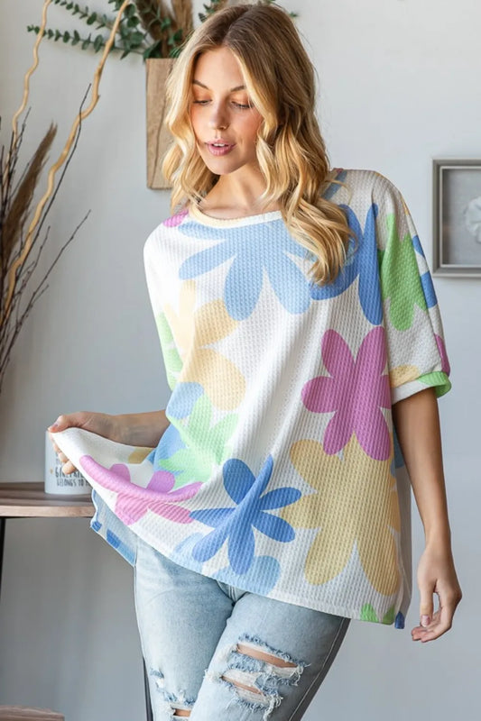 Floral Round Neck Waffle T-Shirt 4c46498a-8cd1-4e8d-a6d2-89e3edcffdea-Max