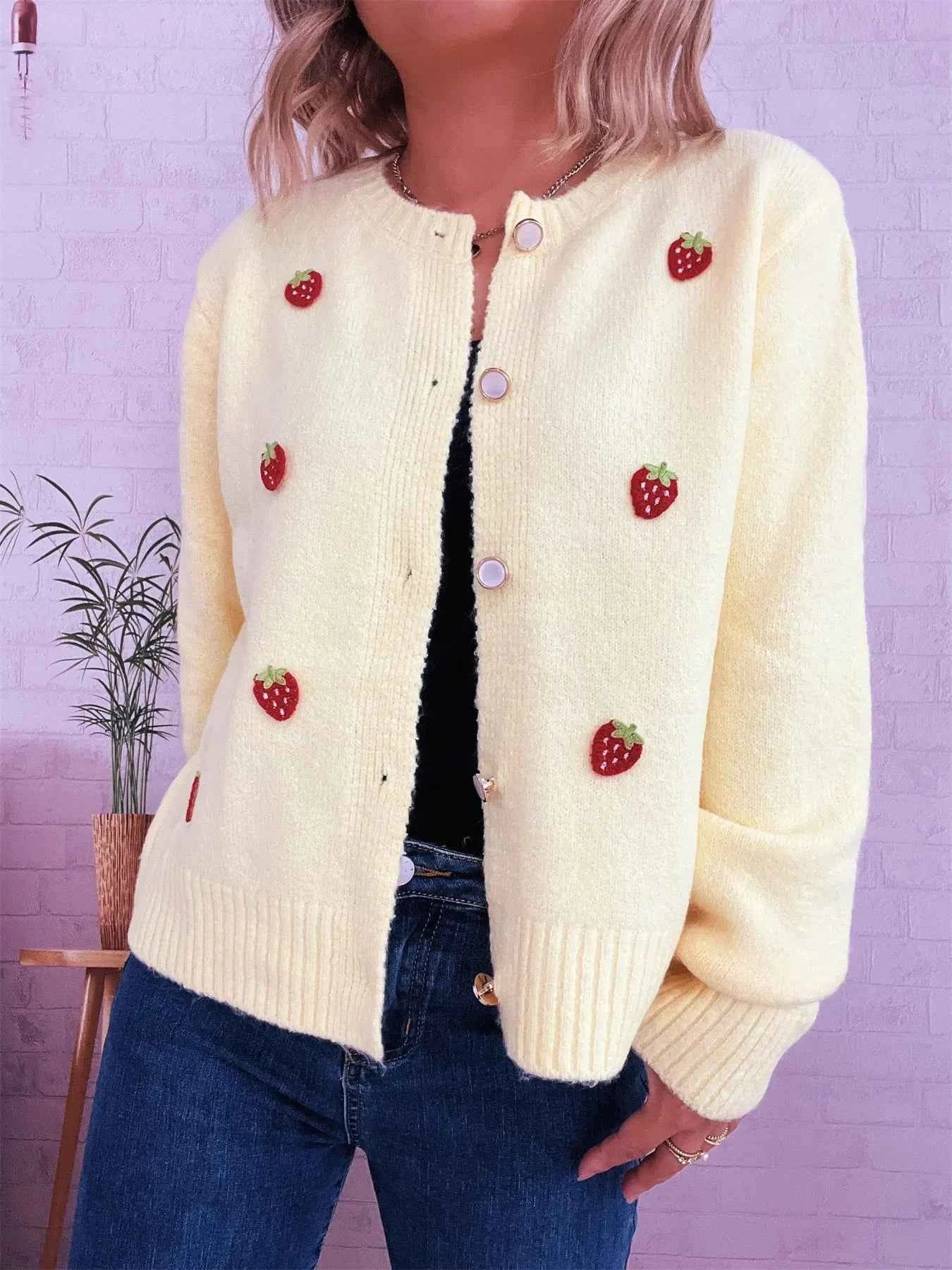 Strawberry Button Up Long Sleeve Cardigan Yellow One Size 4c4b4b6a924a4f29b4fbfeec05c2142b-Max-Origin