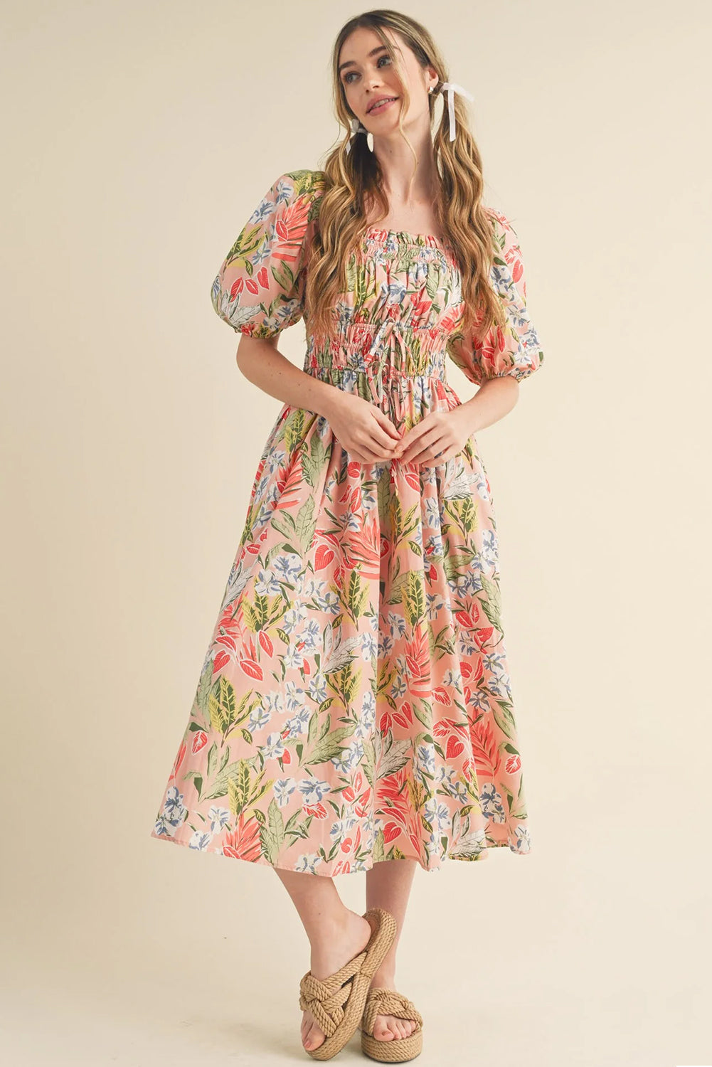 Apricot Pink Floral Knot Front Smocked Bubble Sleeve Dress 4c4ece5cb4f34cb0