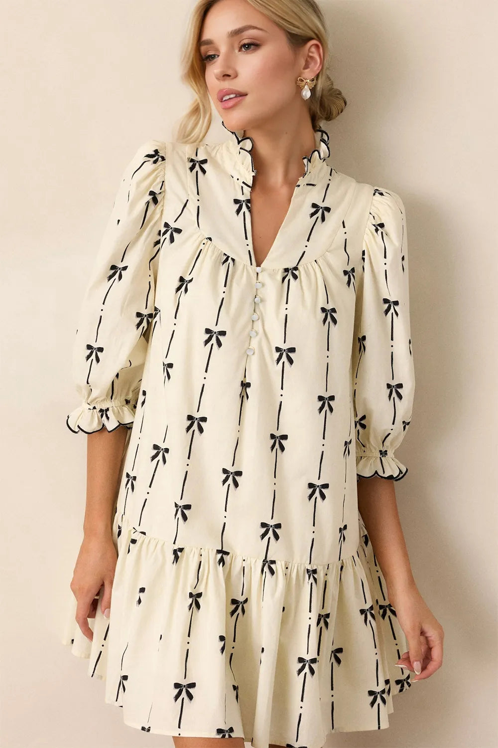 Oh Full Size Frill Bow Print Half Sleeve Mini Dress Ivory 4c547ff4-0718-4220-a16c-89747df9eb0a-Max