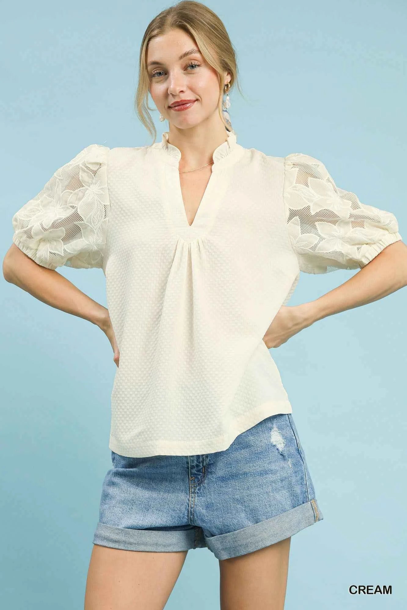 Umgee Textured Blouse with Lace Contrast Sleeves CREAM 4c54e654-97a0-43b5-9b47-73a380abcd3e-Max