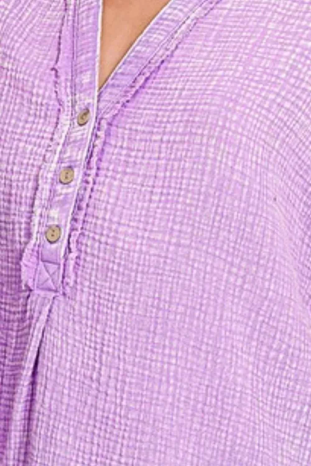 Zenana Washed Double Gauze 3/4 Button Henley Neck Shirt 4c54f70e-49ab-4c62-82d2-06e87c0c20a2-Max-Origin