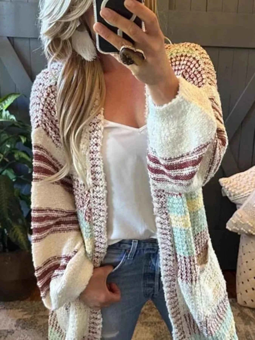 Striped Open Front Longline Cardigan Beige 4c557686-63aa-4ac1-aa81-dcc1c568d372-Max-Origin