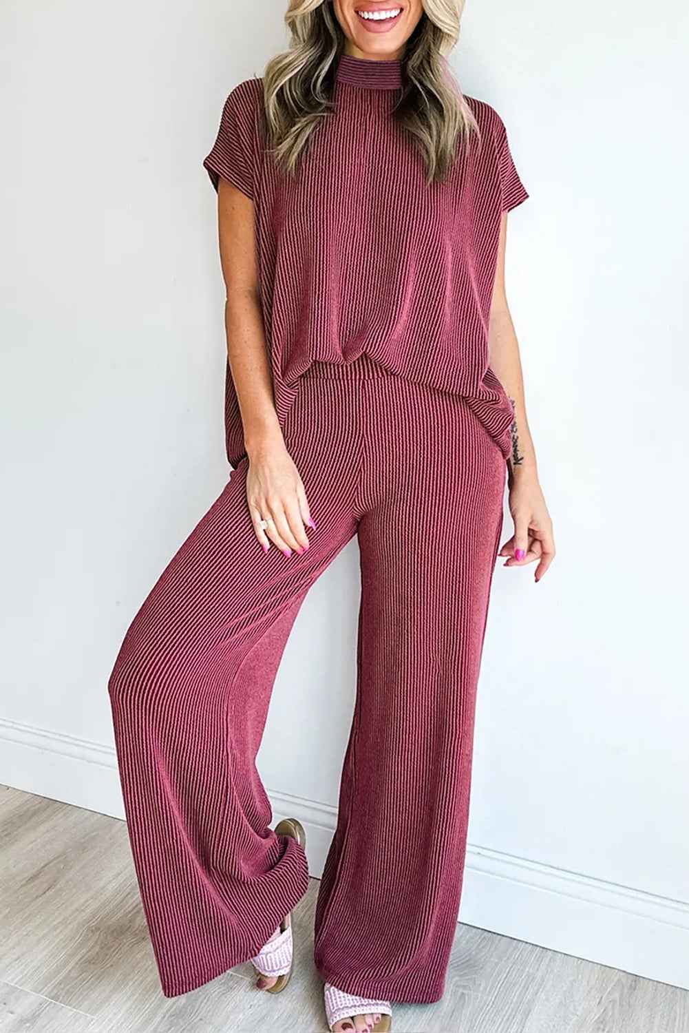 Burgundy Twisted Ribbed High Neck Loose Tee Elastic High Waist Loose Pant Set Burgundy 75%Polyester+20%Viscose+5%Elastane 4c5ab1fe24e7ca2e