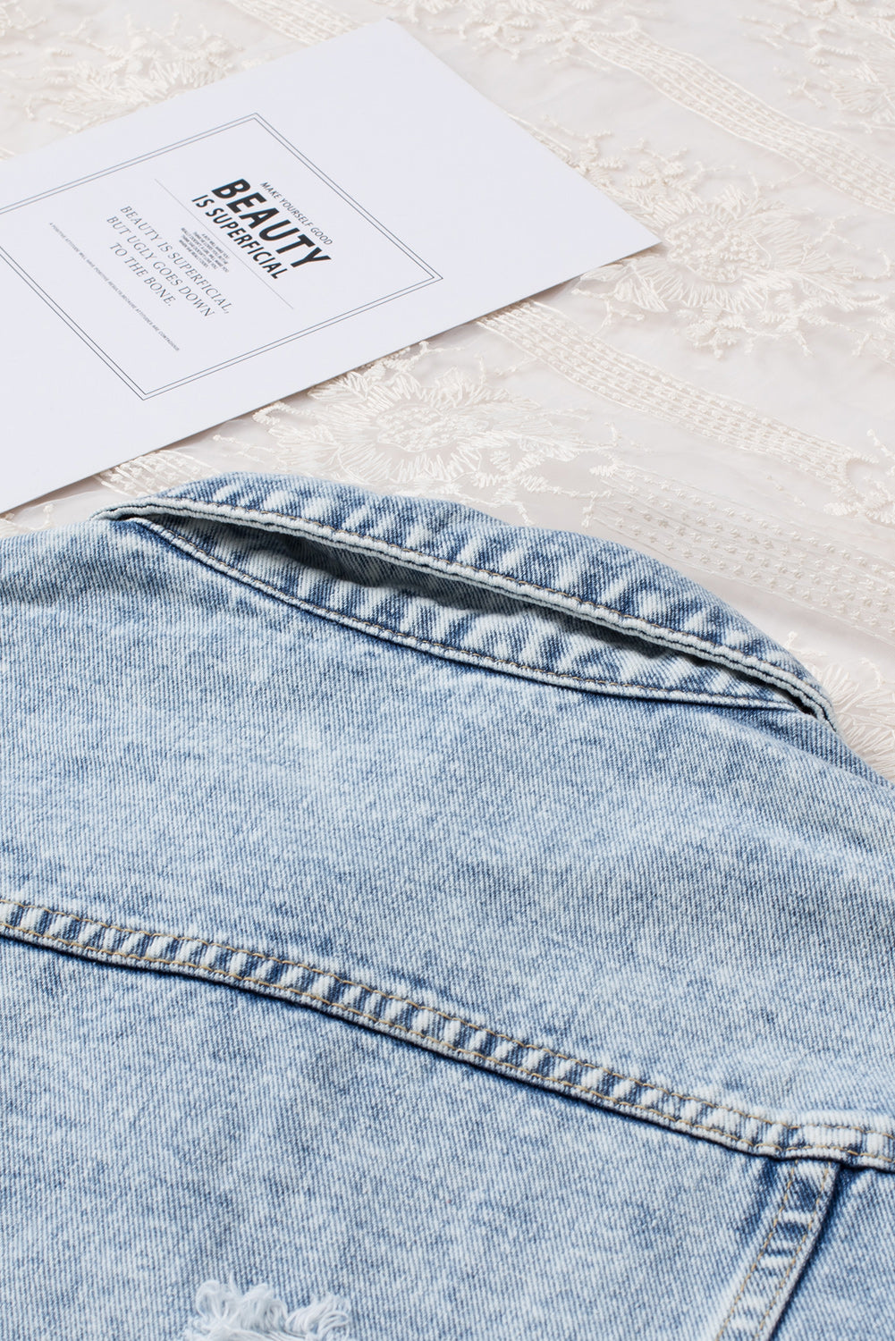 Light Blue Distressed Ripped Raw Hem Buttons Denim Jacket 4c5b36d6ff6ca2dd
