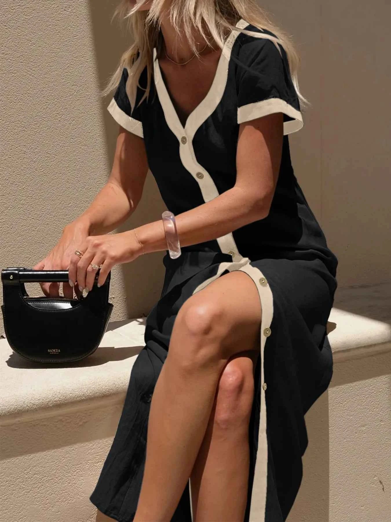 Button-Front Contrast Trim Midi Dress Black 4c5ff77dab134866b53c2cfbd8daaff5-Max-Origin