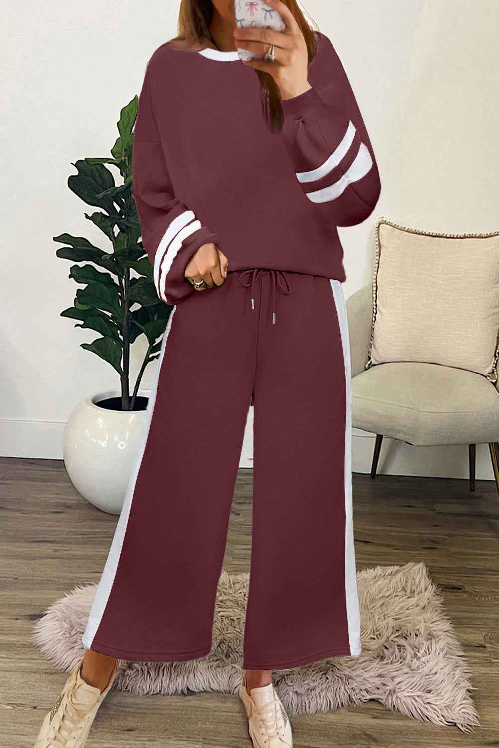 Mineral Red Varsity Stripe Patchwork Puff Sleeve Pullover Drawstring Wide Leg Pant Set 4c68ca6ec95c7415