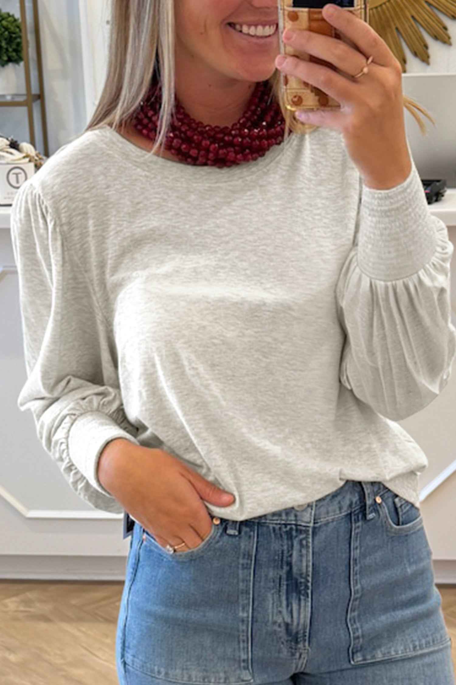 Oatmeal Shirred Cuffs Puff Sleeve Peasant Top Oatmeal 95%Cotton+5%Elastane 4c6ba9dbca088c4f