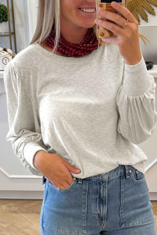 Oatmeal Shirred Cuffs Puff Sleeve Peasant Top Oatmeal 95%Cotton+5%Elastane 4c6ba9dbca088c4f