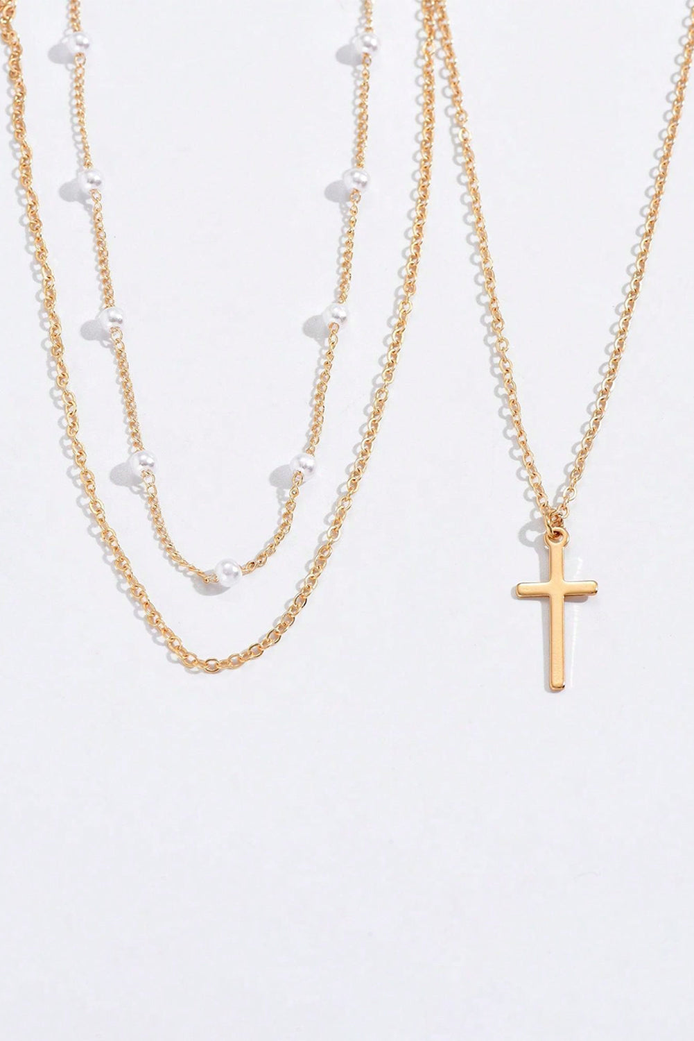Gold Retro Multi-Layer Pearl and Cross Pendant Necklace Set 4c6d1fcd2b32b35e