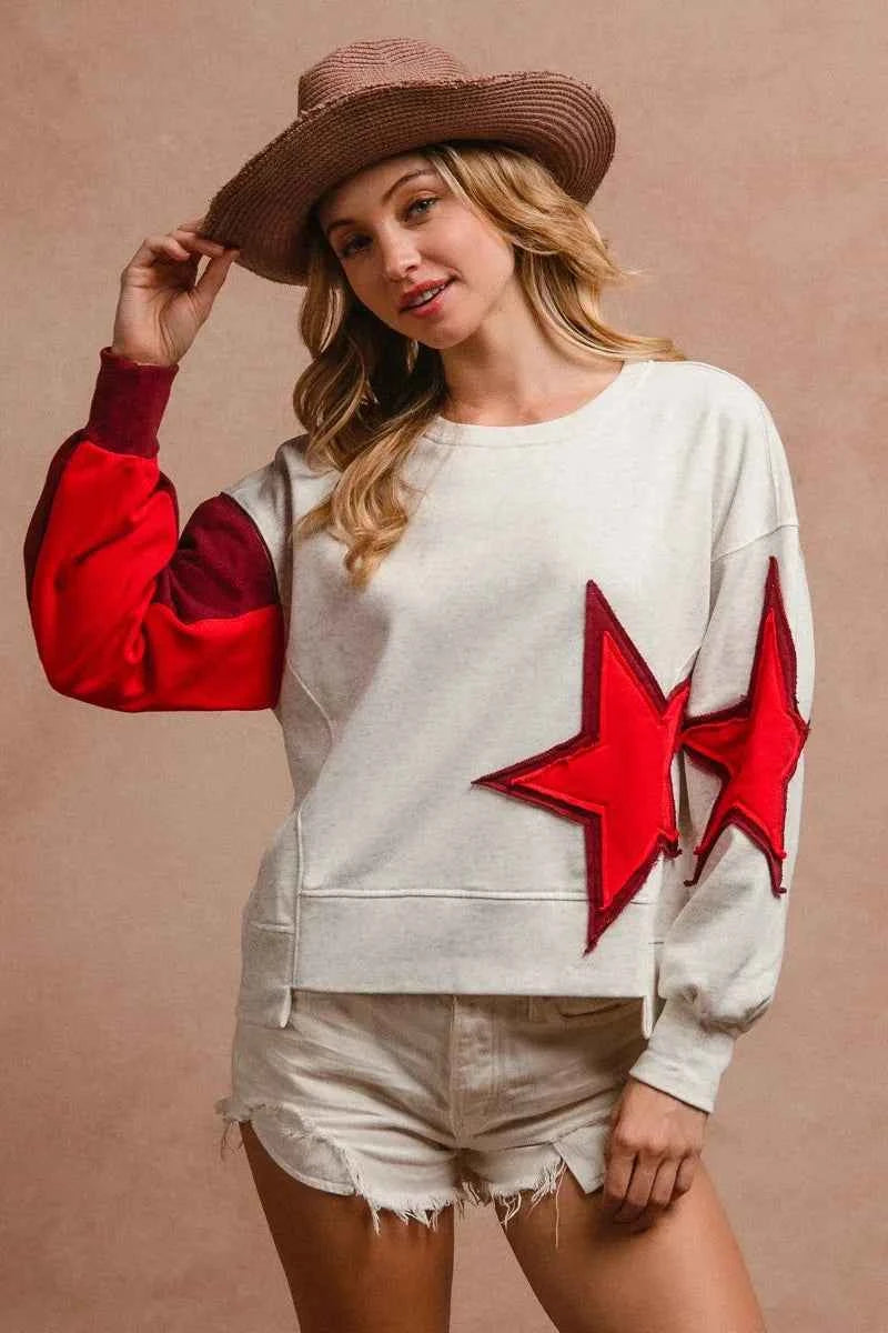 BiBi Star Patch And Spliced Hemline French Terry Long Sleeve Sweatshirt 4c7323b799da414592a41672aaefe955-Max-Origin