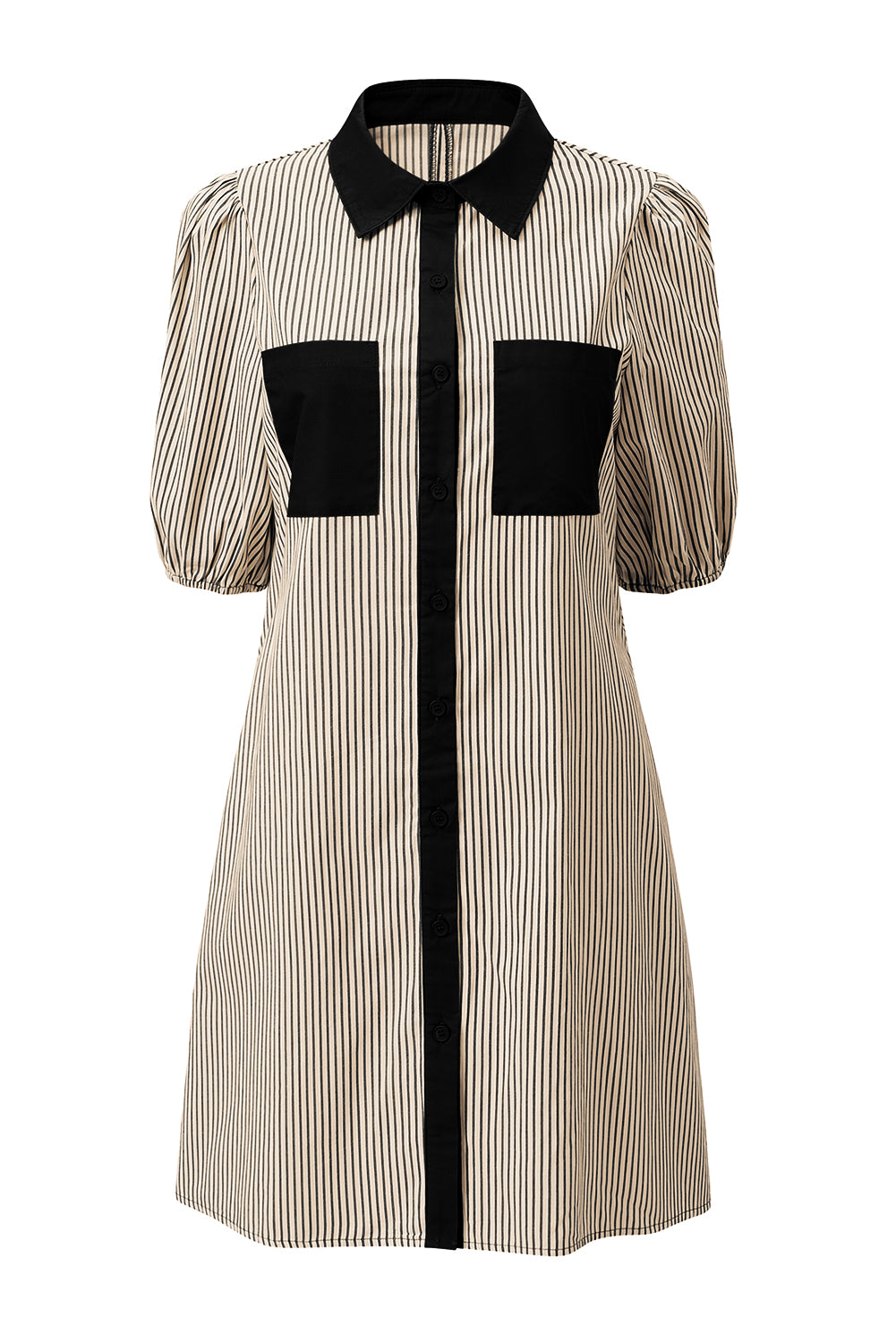 Green Stripe Color Block Patchwork Shirt Collar Button Down Puff Sleeve Mini Dress 4c759f0176480683