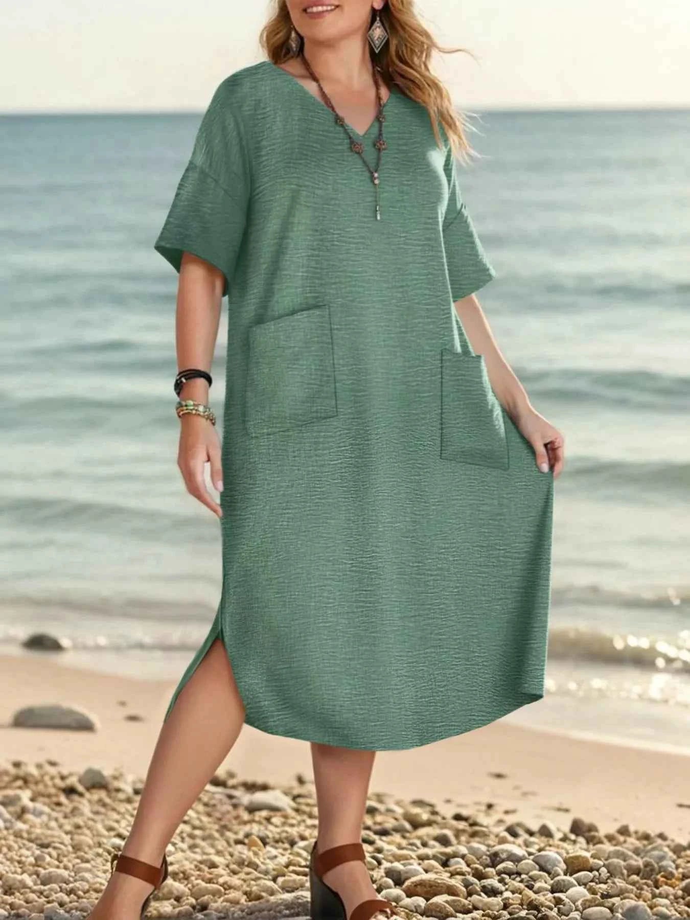 Plus Size V-Neck Half Sleeve Dress Turquoise 4c762f11-02c8-4b70-a016-4a175b5d7eb4-Max-Origin