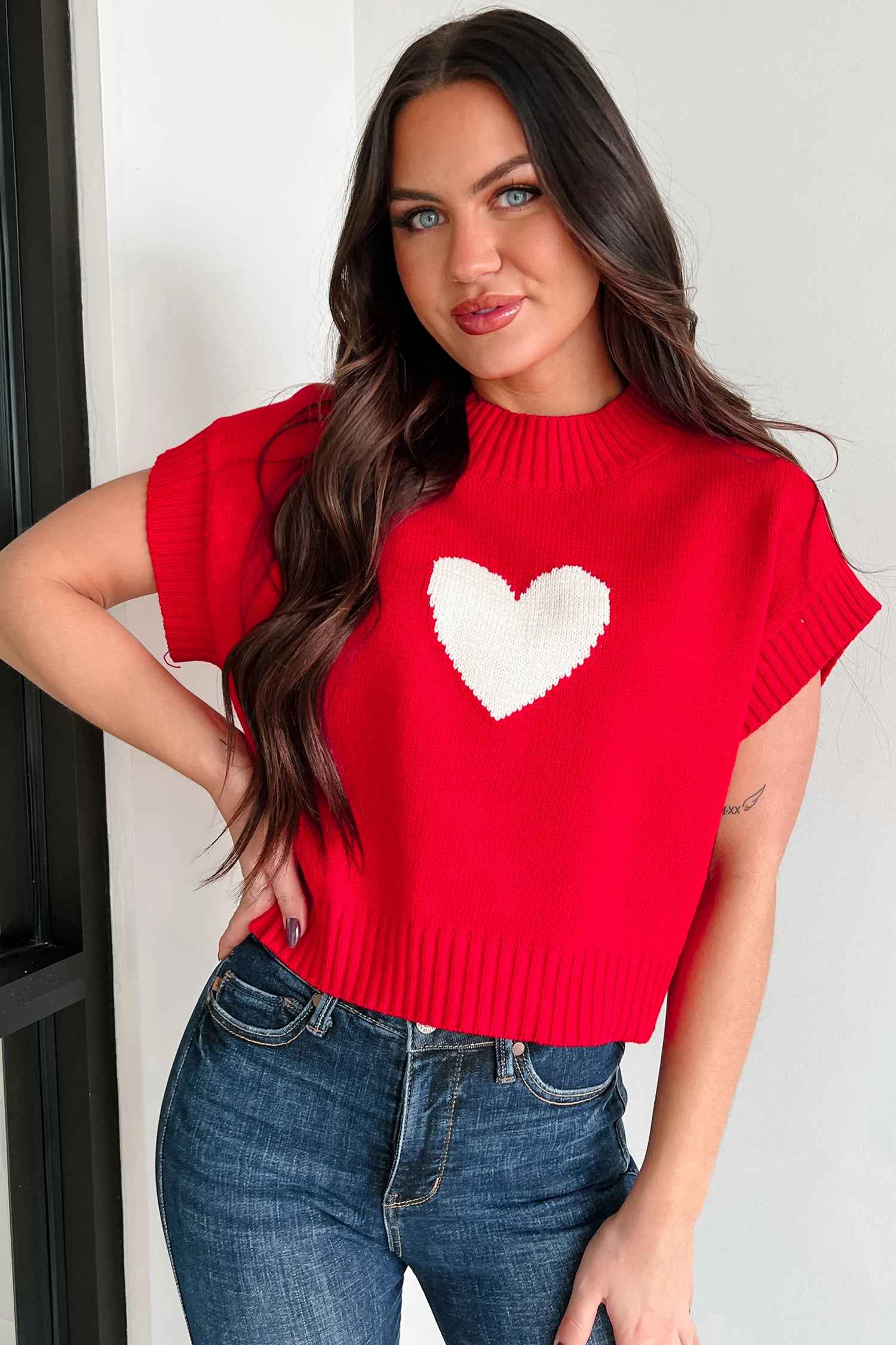 Fiery Red Valentine Heart Graphic Cropped Short Sleeve Sweater 4c770da5dc3f0161