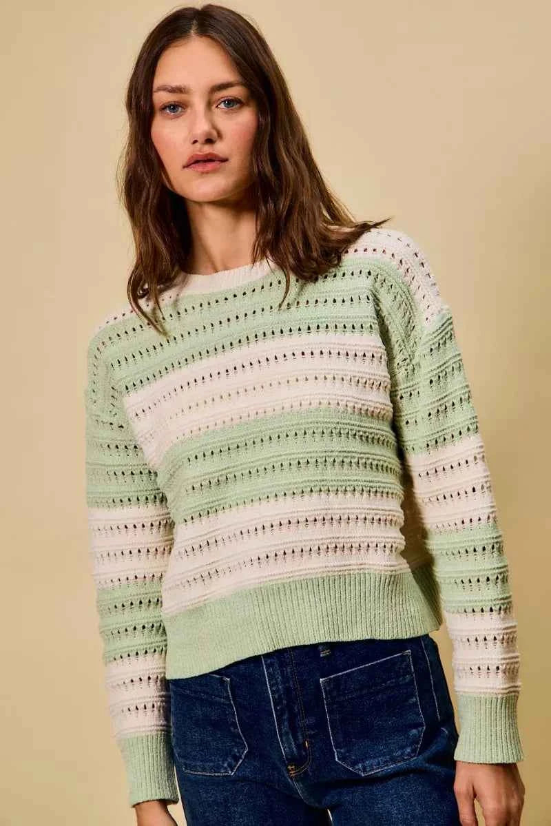 SO ME Openwork Round Neck Wide Stripe Textured Sweater 4c7c993c-3a2a-4baf-8e08-103184a4b402-Max-Origin