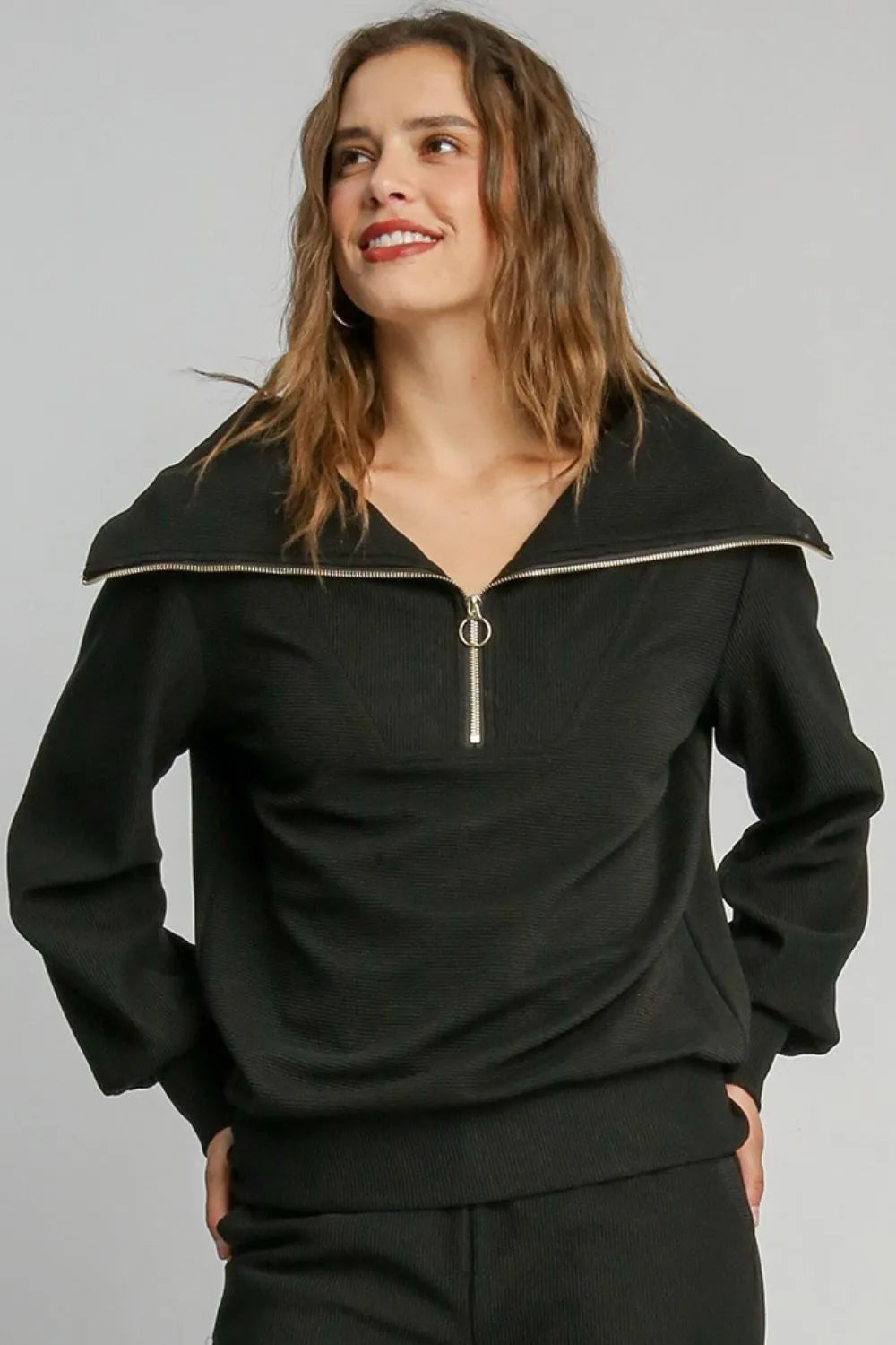 Umgee Full Size Ribbed Knit Half Zipper Sweatshirt Plus Size Black 4c8bcb73-2a2e-4583-89a1-840605b27fc4-Max