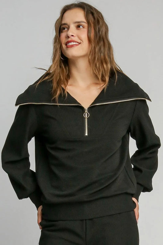 Umgee Full Size Ribbed Knit Half Zipper Sweatshirt Plus Size Black 4c8bcb73-2a2e-4583-89a1-840605b27fc4-Max