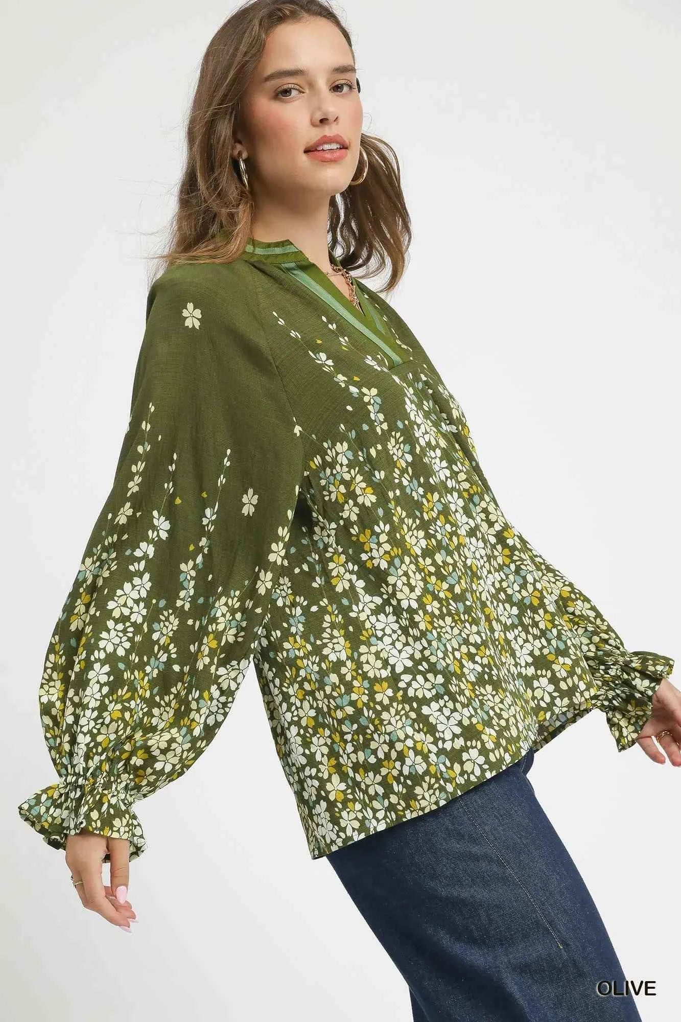Umgee Floral Vine Print Blouse with Balloon Sleeves