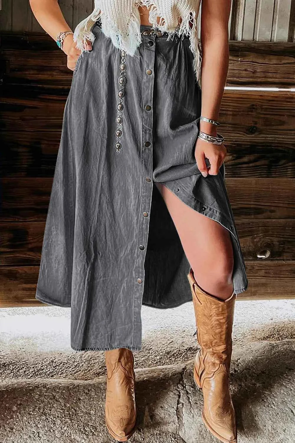 Snap Down High Waist Denim Skirt Dark 4c919666-0ef4-453e-9c53-18be00079907-Max