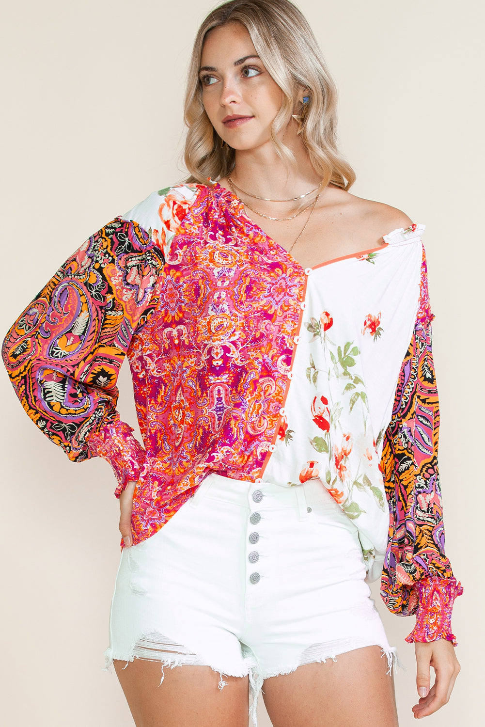 Multicolor Floral Patchwork Shirred Cuff Buttoned V Neck Blouse 4c936c816cba2bbf