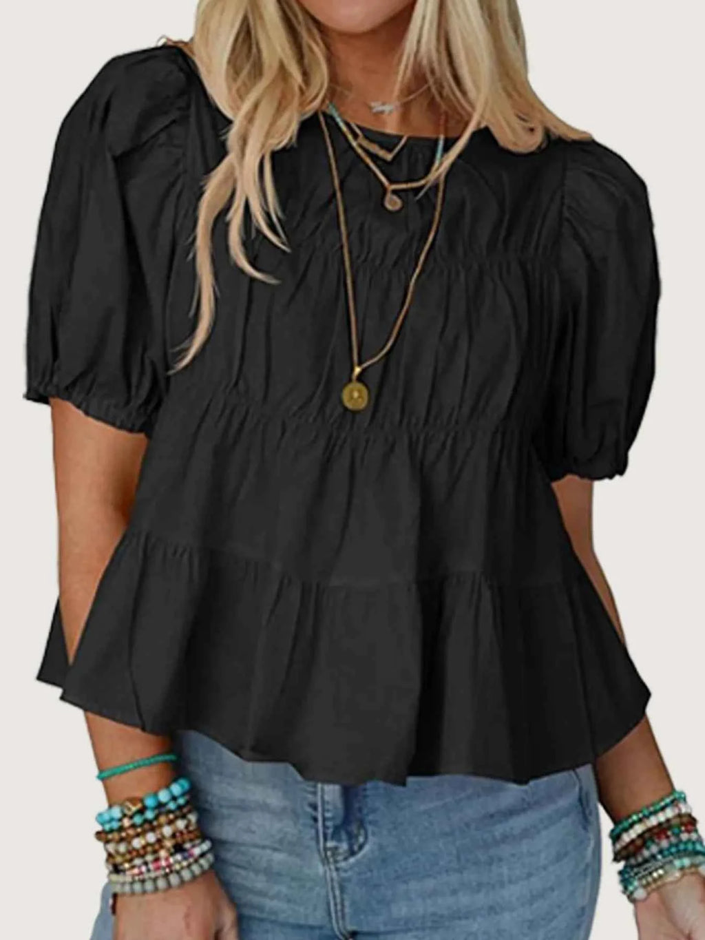 Tiered Round Neck Puff Sleeve Ruched Blouse 4c959e5257574b88bf0f1846ba1017f1-Max-Origin