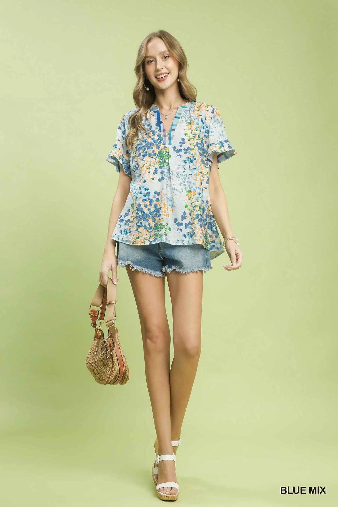 Umgee Mix Media Flutter Sleeve Blouse 4c9fc537-bea6-4037-9bd8-773cdd8a57f9-Max