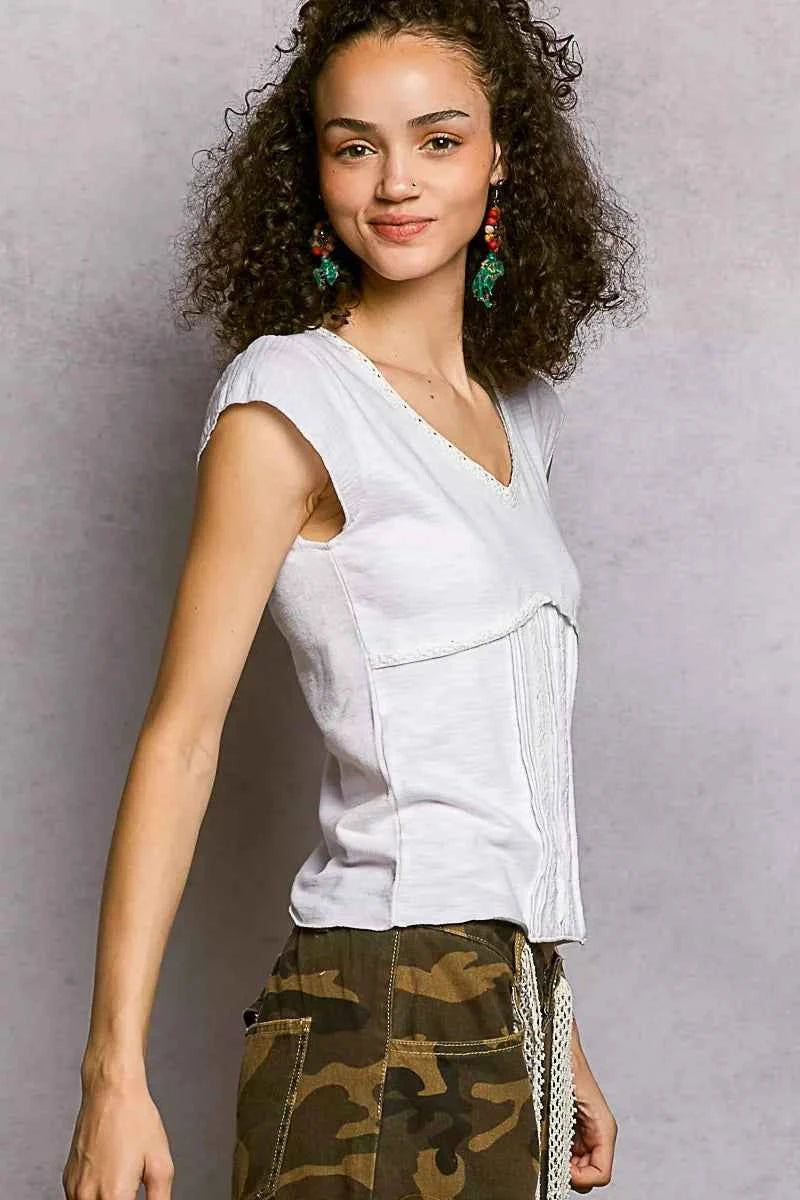POL V-Neck Lightweight Textured Short Sleeve Knit Top with Lace Trim 4ca285b8-227e-4e29-934b-1872da854a6e-Max-Origin