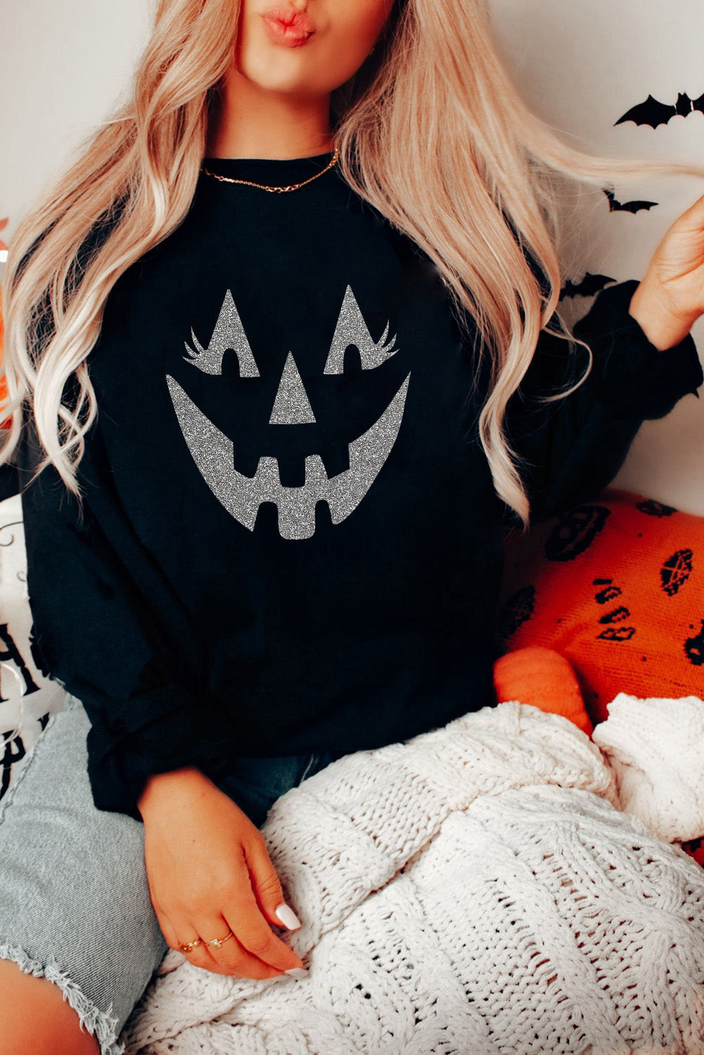 Black Spooky Halloween Transfer Vinyl Process Graphic Sweatshirt 4ca340c94a7eed59