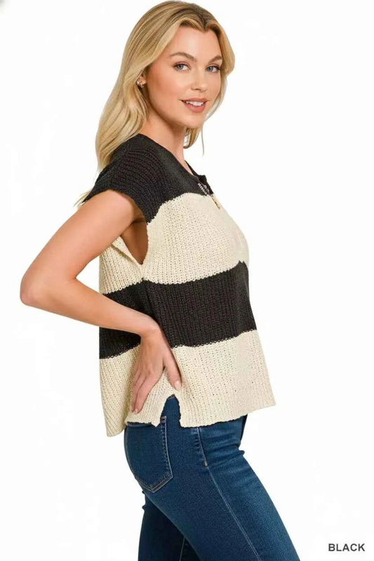 Split Neck Sleeveless Stripe Sweater 4ca50db8-3a3e-4f30-a900-8d0019b13737-Max-Origin