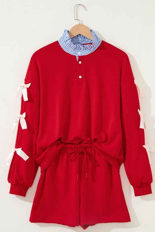 Stripe Collar Bow Tie Sweatshirt and Shorts Set 4ca5481a-d1a9-49f5-9f00-f5ff4428ac75