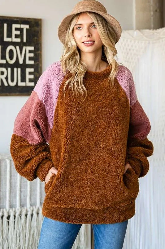 Culture Code Color Block Faux Fur Raglan Sleeve Sweatshirt Brown 4cb5298c-ba47-4638-9315-d1e817353247-Max