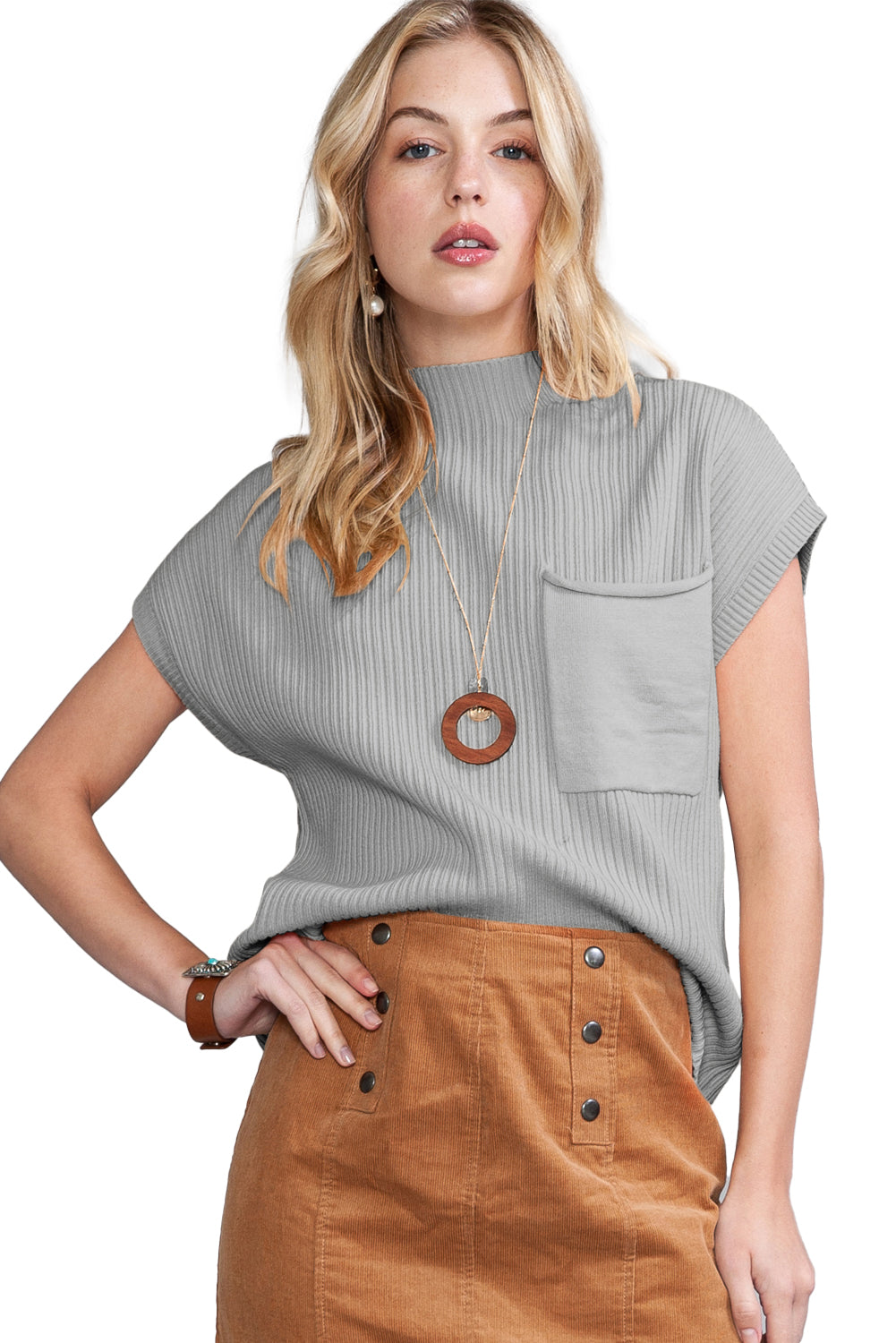 Green Patch Pocket Ribbed Knit Short Sleeve Sweater 4cc38948c26f8ccc