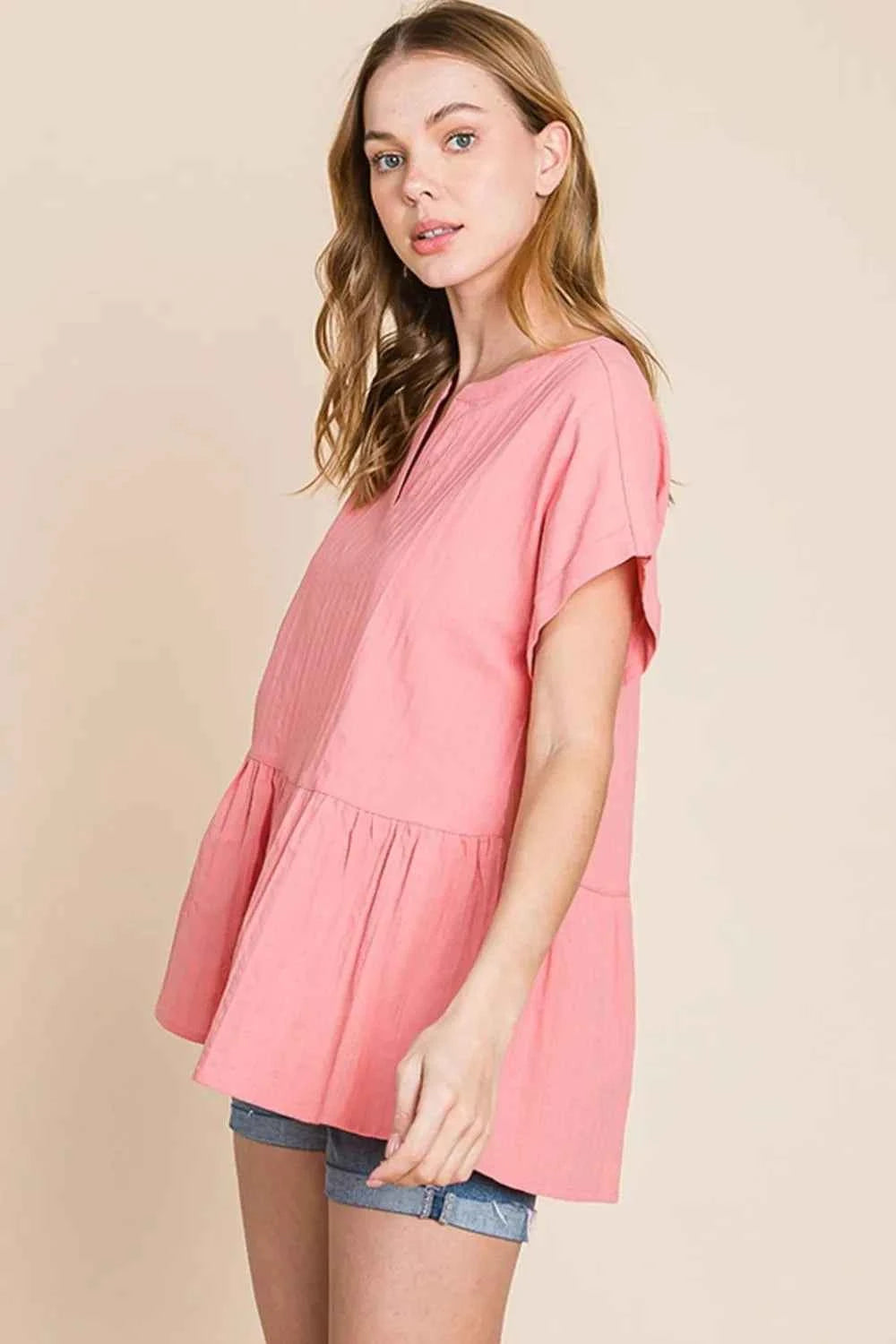 Cotton Bleu by Nu Label Notched Short Sleeve Peplum Top 4cc8d770-58e4-4f53-9734-0cd7b426baee-Max