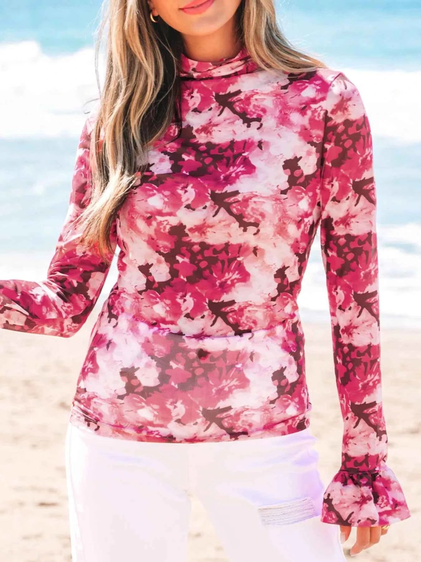 Floral Mesh Flounce Sleeve Mock Neck Blouse 4cc9431d-36a7-4bb1-834c-2853cc5b0887-Max-Origin