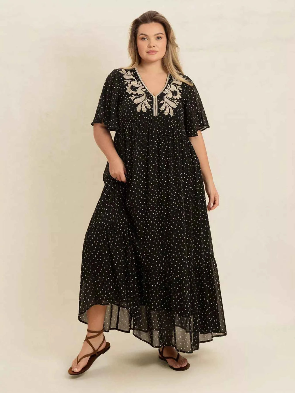 Plus Size Printed V-Neck Flutter Sleeve Maxi Dress Black 4cd18bd1-7894-4a8e-9c09-fdc64139da42-Max-Origin