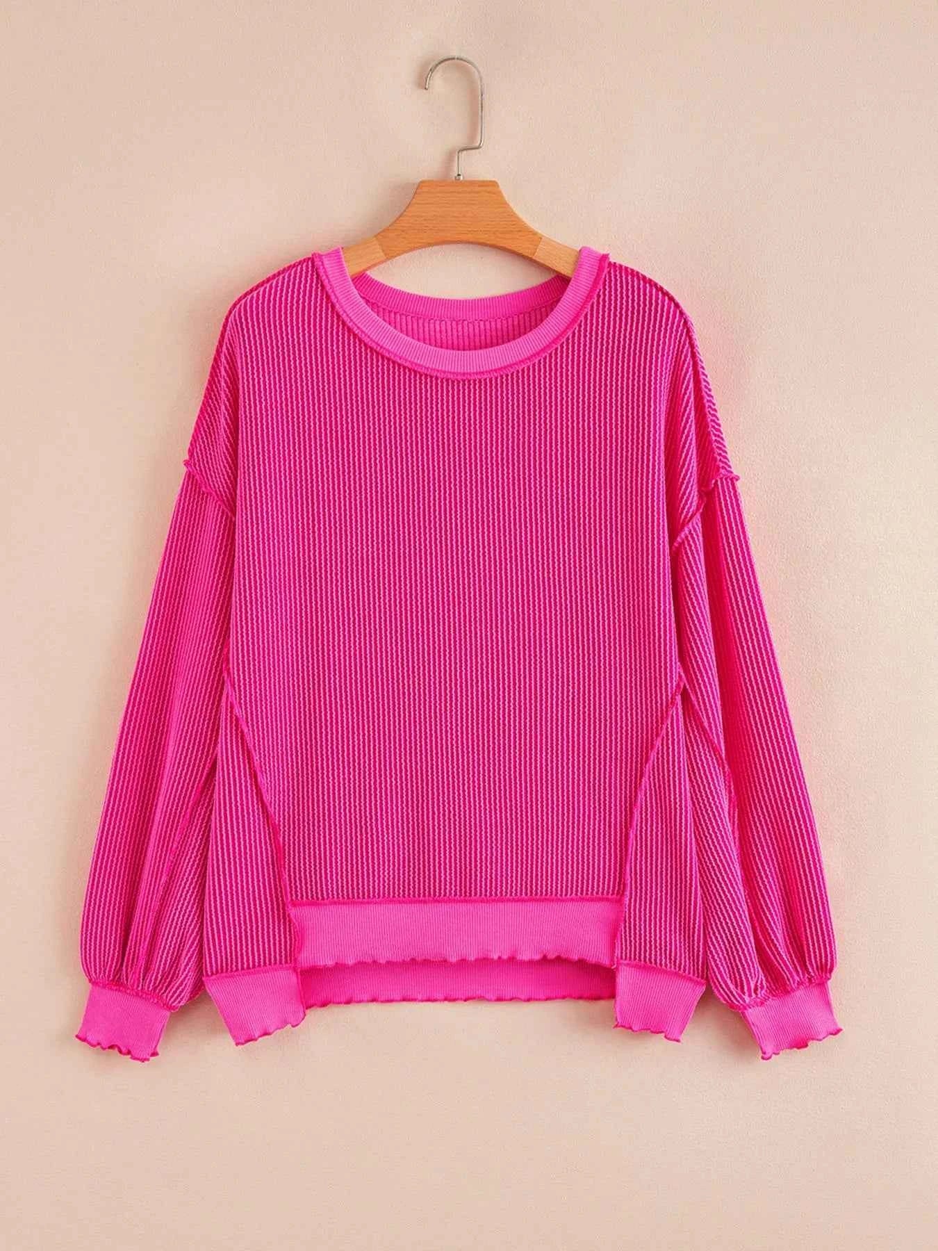 Twisted Rib Uneven Hem Drop Shoulder Loose Sweatshirt 4cd49621-12b9-4530-9029-b34868468819-Max-Origin