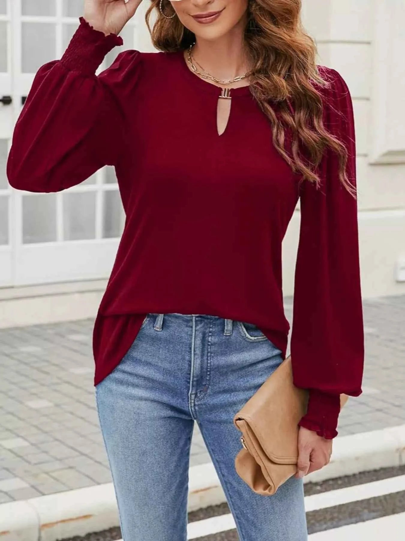 Long Sleeve Keyhole Neck Blouse 4cd4d5e9a63b4cf9ba39fa336167f39a-Max-Origin