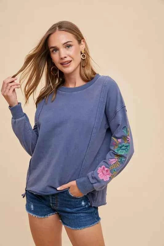 Annie Wear Embroidered Long Sleeve French Terry Top Washed Midnight 4ce5afbf-d82a-461a-b262-8578e0f9e681-Max