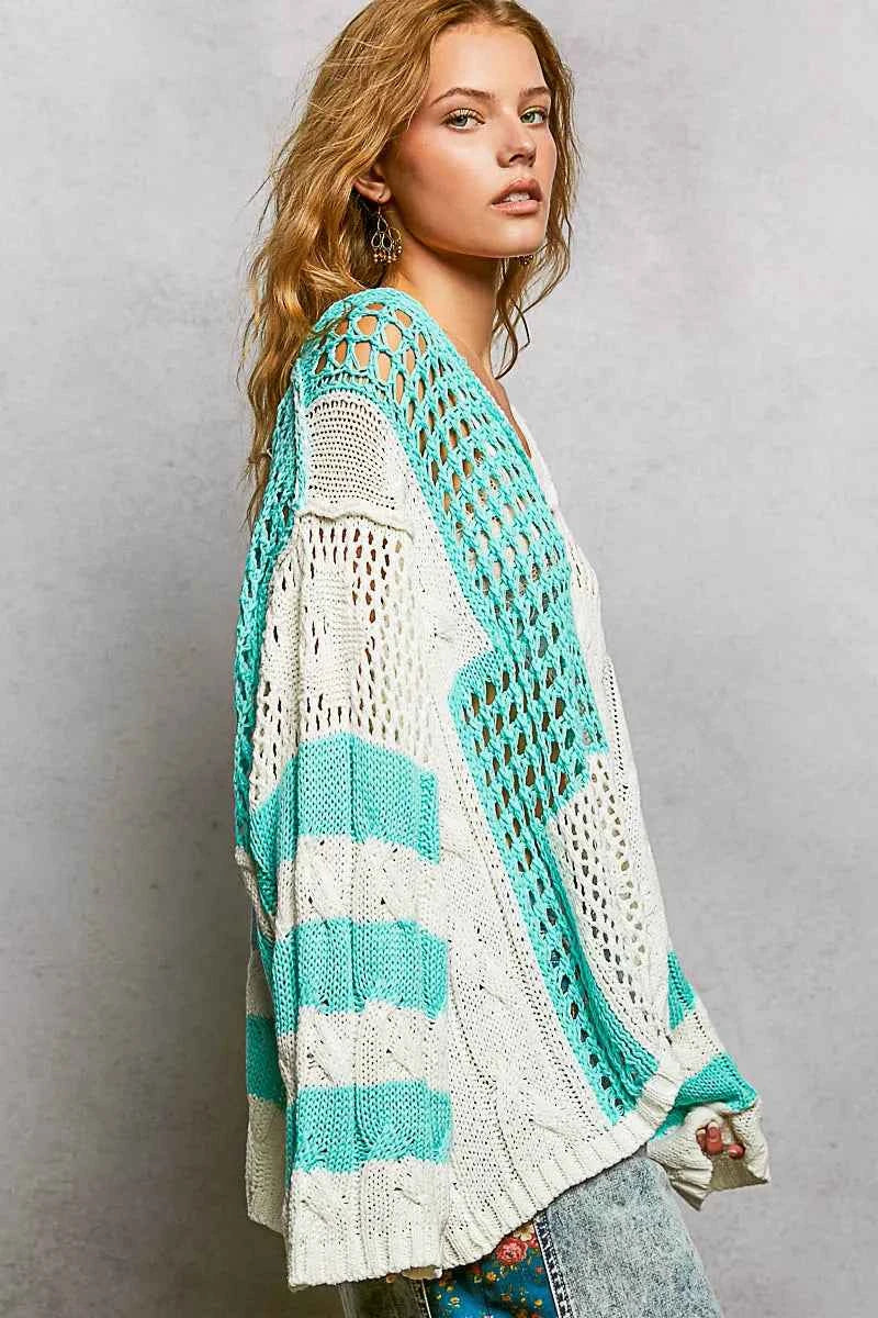 POL Color-Blocked Stripe Pattern Knit Top with Twisted Weave 4ce69e22-eca2-4d35-9401-14a40a89625b-Max-Origin