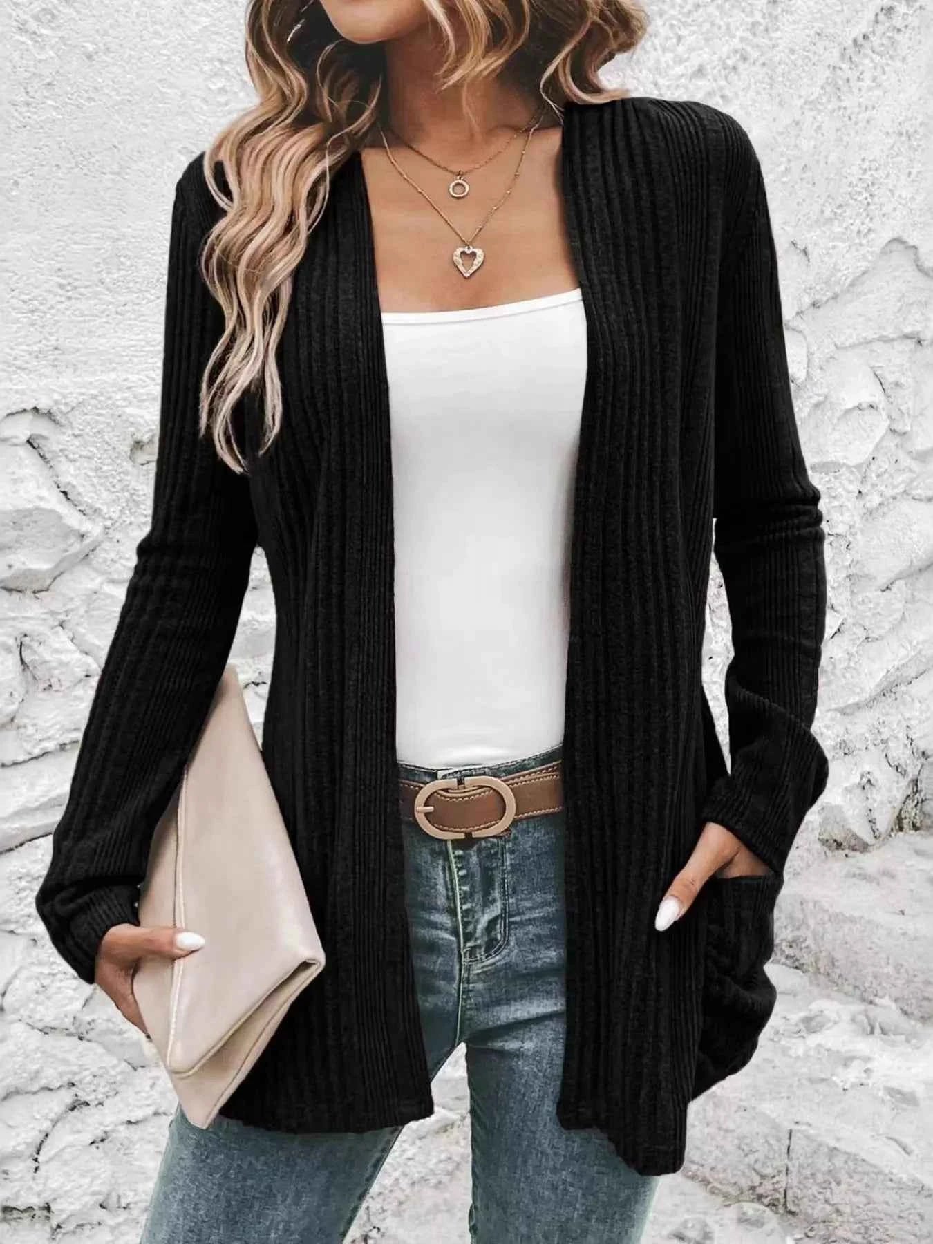 Ribbed Open Front Long Cardigan with Pockets Black 4ce82c1f961b434798a8397140499d85-Max-Origin