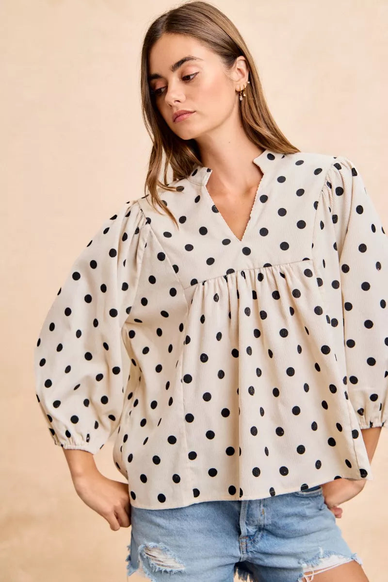 BiBi Polka Dot Corduroy Quarter Sleeves V Neck Blouse 4cea49bce17c416eb91432e179c0b29a-Max-Origin