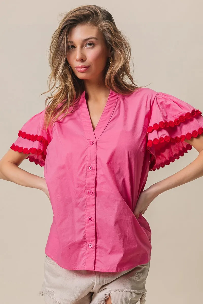 BiBi Dot Trim Flutter Sleeve Notched Top 4cebc4a954814b2d877e61dd59dbf88d-Max-Origin