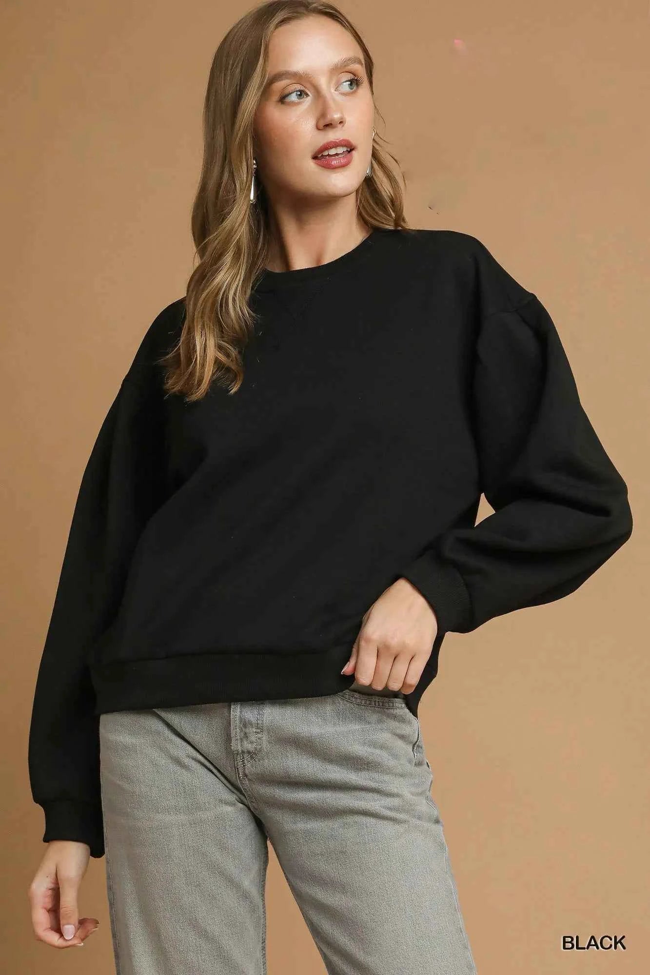 Umgee Round Neck Sweatshirt with Pleated Detail Black 4ced74ae-c80d-4863-9c31-fa314841126e-Max-Origin