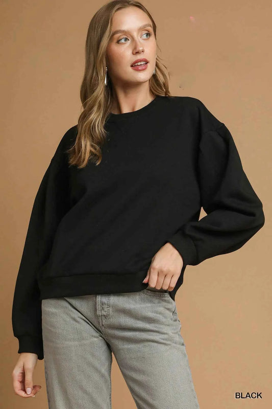 Umgee Round Neck Sweatshirt with Pleated Detail Black 4ced74ae-c80d-4863-9c31-fa314841126e-Max-Origin