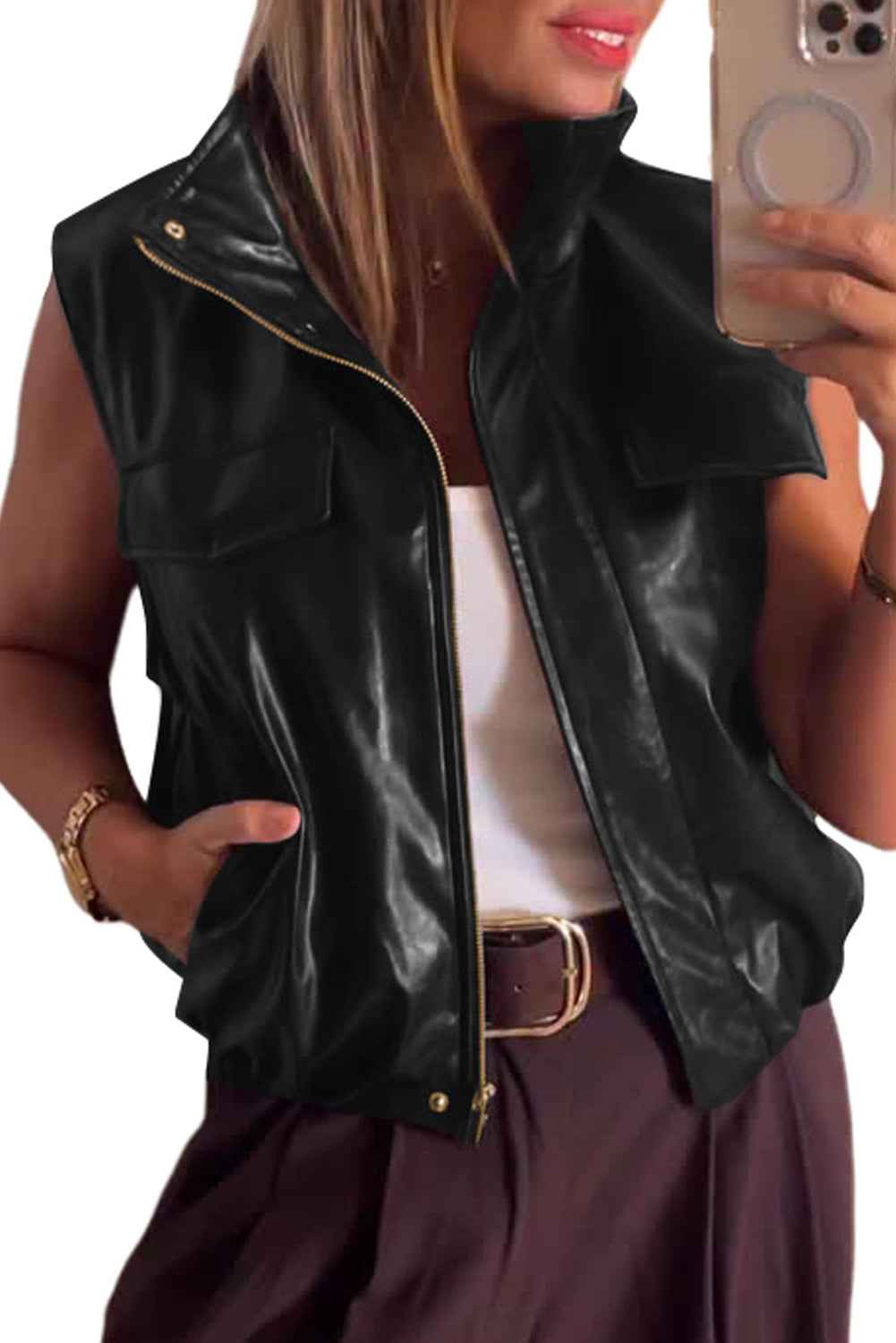 Black Double Flap Pocket Faux Leather Zip Up Stand Neck Vest 4ceebf92de55f087