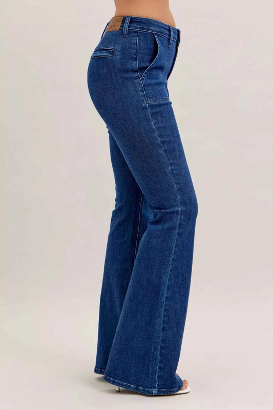 High Waist Flare Jeans with Front Patch Pockets 4ceef480-3840-48aa-a6a5-cea63413a14f-Max-Origin